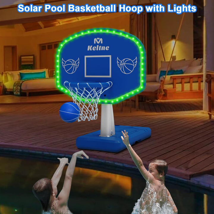 LED Pool Basketball Hoop Poolside, Large Solar Powered Basketball Hoop for Pool, Swimming Pool Basketball Game Toys with Lengthen Sturdy Base for Kids Adults, Includes 2 Balls and Pump