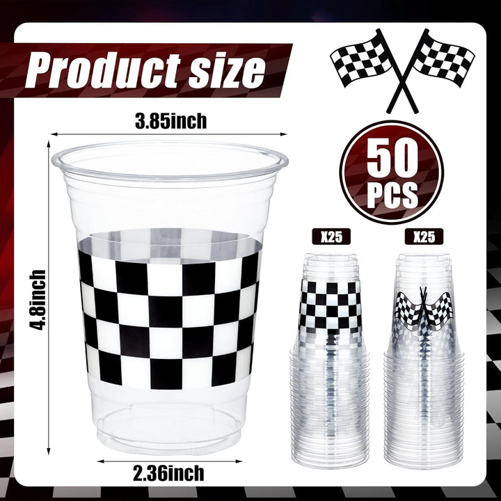 50 Pcs Checkered Racing Party Plastic Cups 16 Oz White Black Checkered Flag Clear Cup Disposable Race Car Drinking Cups for Race Car Sports Themed Birthday Party Favors Supplies