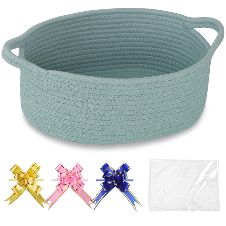 Small Woven Basket with Gift Bags and Ribbons, Gift Basket Empty, Cotton Rope Storage Organizer, Baby Toy Box with Handles, 12" X 8" X 5", Light Pink