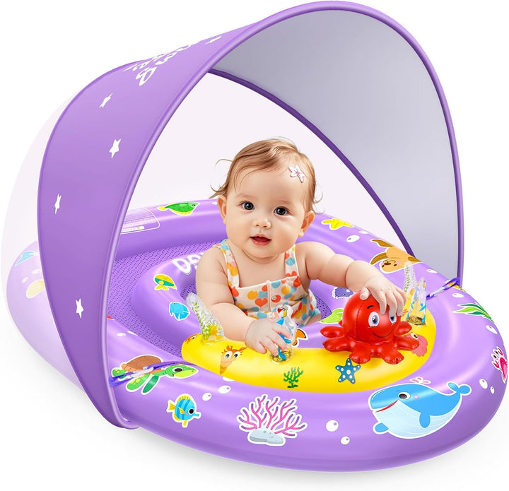 Baby Pool Float with Canopy UPF 50+ Sun Protection, Double Air Chambers Infants Swimming Floats with Sound Toys Adjustable Safety Seat Toddler Float for Boys and Girls 6-36 Months