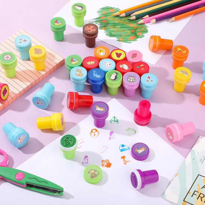 150 Pcs Assorted Stampers for Kids Cute Mini Self Inking Stamps Kids Printing Supplies Birthday Party Favors for Crafts Classroom Prize, Animals, Fruits, Food, Human Tasks