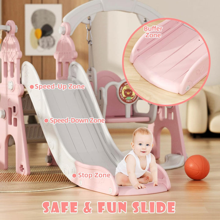 4-In-1 Kids Slide and Swing Set, Toddler Slide with Basketball Hoop, Swing, Outdoor Indoor Playground for Toddlers 1-3 (4 in 1-Pink)