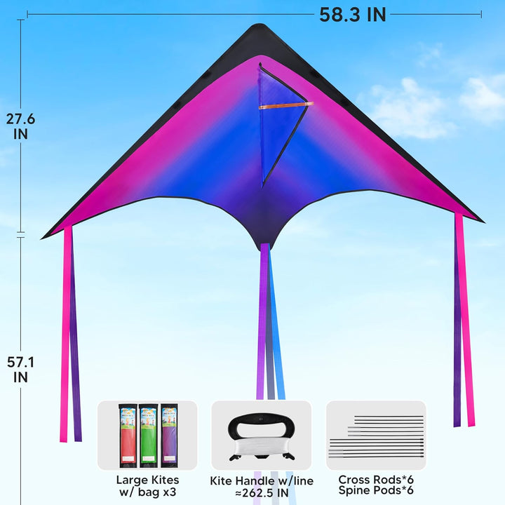 Large Delta Kite Red, Green and Purple, Easy to Fly Huge for Kids and Adults with 262.5Ft String, Large Delta Beach Kite for Outdoor Games and Activities