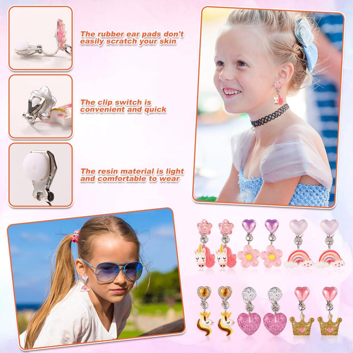 6 Pairs Clip on Drop Earrings, Colorful Non-Pierced Clip on Earrings Resin Rainbow Crown Flower Heart Clip on Earrings Ear Clips for Girls Kids Toddler Dress up Princess Jewelry Accessories