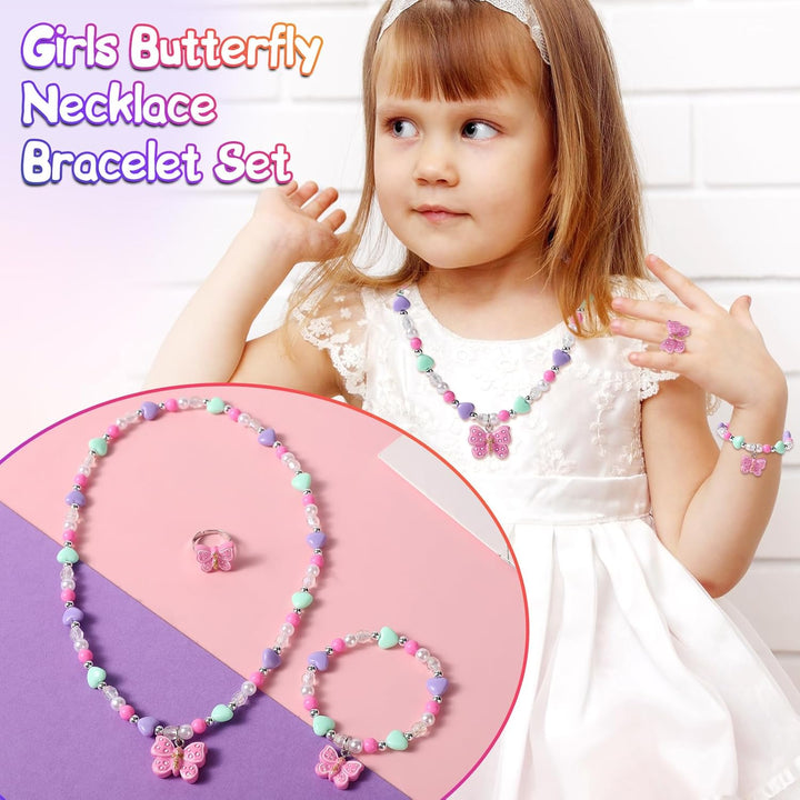 Girls Colorful Butterfly Jewelry Set - Toddler Butterfly Necklace Girls Pretend Plasy Toy Jewelry Box Set with Bead Necklace, Bracelet and Ring - Play Accessories - Ages 3+ Girl Birthday Gifts-Style 2