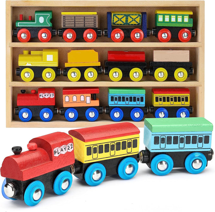 Wooden Train Set 12 PCS - Train Toys Magnetic Set Includes 3 Engines - Toy Train Sets for Kids Toddler Boys and Girls - Compatible with All Major Brands - Original - by