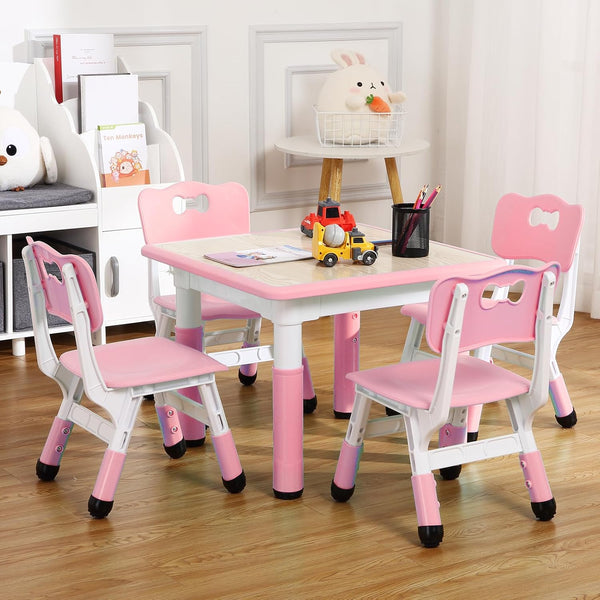 Modern Kids Table and 4 Chair Set,23" Height Adjustable Toddler Table and 4 Chairs with Non-Slip Desk Legs&Organizer Graffiti Desktop,Multi-Function Tables for Kindergarten/Living Room(Pink