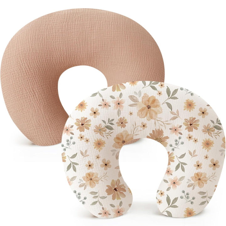 2-Pack Muslin Nursing Pillow Covers, Soft & Adorable Nursing Covers for Breastfeeding Pillows, Slipcovers for Newborn Boys & Girls(Pink, Floral)