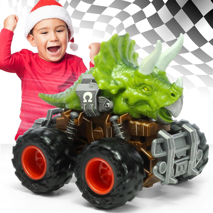 T-Rex Dinosaur Toy Cars for Kids 3-8, Friction Powered Monster Truck with Mechanical Motor, Push N Go Car Stunt Play Party 209-R3
