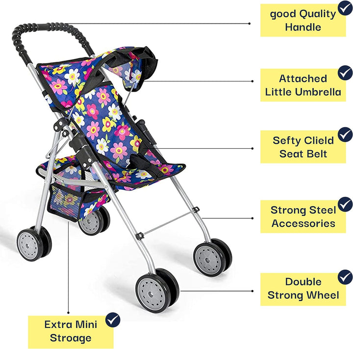 4 Piece Baby Doll Play Set Flower Design Includes - Foldable Pack N Play, Baby Doll Stroller, Baby Doll High Chair, Infant Seat, Fits up to 18'' Doll 4 Piece Doll Accessories Set