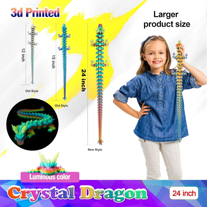 24 Inch Large Glow in the Dark 3D Printed Crystal Dragon Toy,Dragon Figurine Large Toy for Kids(Luminous Rainbow)