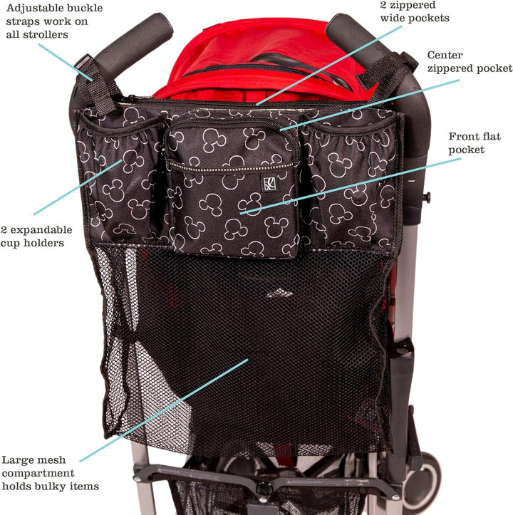 Disney Baby by  Stroller Organizer with Cup Holders and Mesh Storage Compartment - Disney World Travel Essential - Universal Stroller Accessory with XL Storage Bag - Mickey Mouse Black