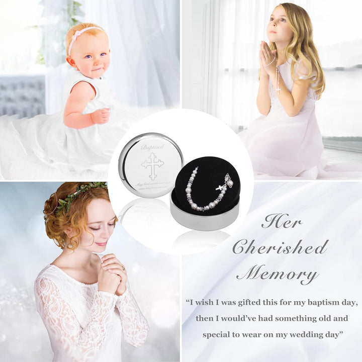 Baptism Bracelet in Sterling Silver and Cultured Pearls for Baby Girls, with Silver-Plated Jewelry Keepsake Box,Great Catholic Christening and Baptism Gifts for Girl
