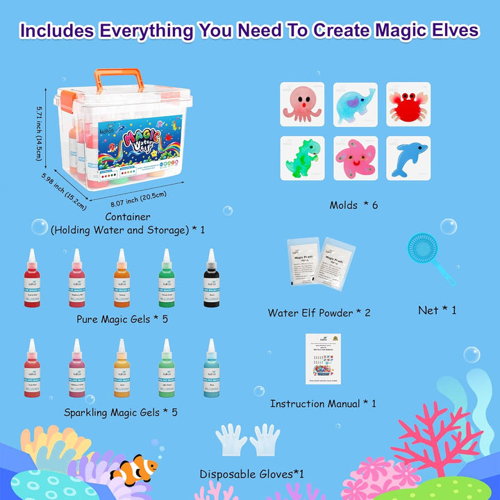 Magic Water Elf Toy Kit,Aqua Fairy Water Gel Kit-10 Magic Gels&6 Molds-Make Your Own Water Pets&Squishy Toys–Fun Summer DIY Craft Kit,Birthday Gifts&Party Favors for Kids Ages 3+