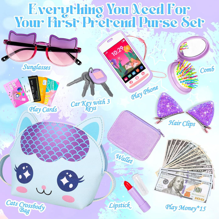 Toddler Play Purse for Little Girls, 30PCS Kids Purse with Pretend Play Princess Toys Includes Crossbody Bag, Phone, Wallet, Cat Sunglasses, Hair Clip, Kids Toy Birthday Gift Toy for Girls 3 4 5 6+