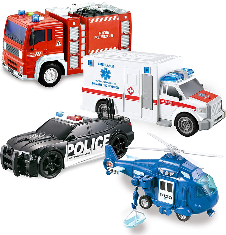 4 Packs Emergency Vehicle Toy Playsets, Friction Powered Vehicles with Light and Sound, Including Fire Truck, Ambulance, Play Police Car and Helicopter, Christmas Toddler Kids Boys Gifts