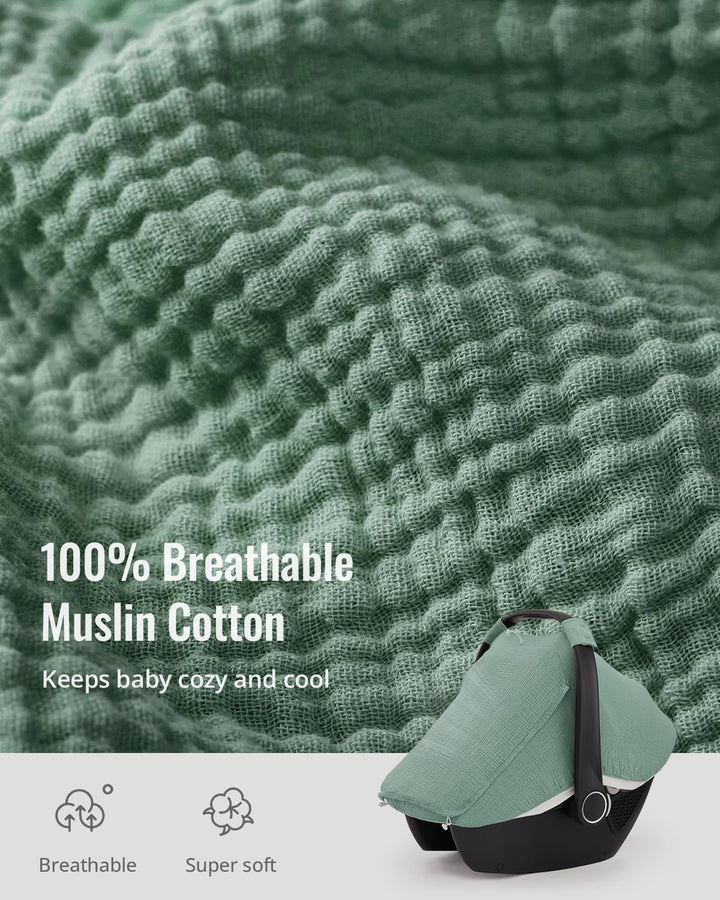 Baby Car Seat Cover, Extra Large Mesh Window, Breathable Muslin Cotton, Infant Windproof Canopy, Must-Have Baby Gift - Roman Green