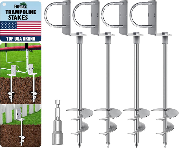 USA Trampoline Stakes Heavy Duty Trampoline Parts Corkscrew Shape Steel Stakes Anchor Kit with T Hook for Trampolines -Set of 4 Bonus 4 Strong Belt,Black