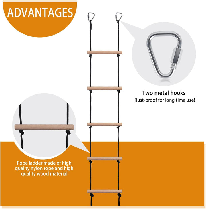 Kids Climbing Rope Ladder, Hanging Ladder for Swing Accessories (2 Hooks)