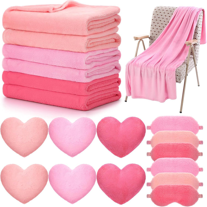 18 Pcs Kids Sleepover Party Supplies Set for Girls Fleece Soft Blankets Fluffy Heart Throw Pillow Plush Sleep Eye Mask for Spa Camping Birthday Favors(Light Pink)