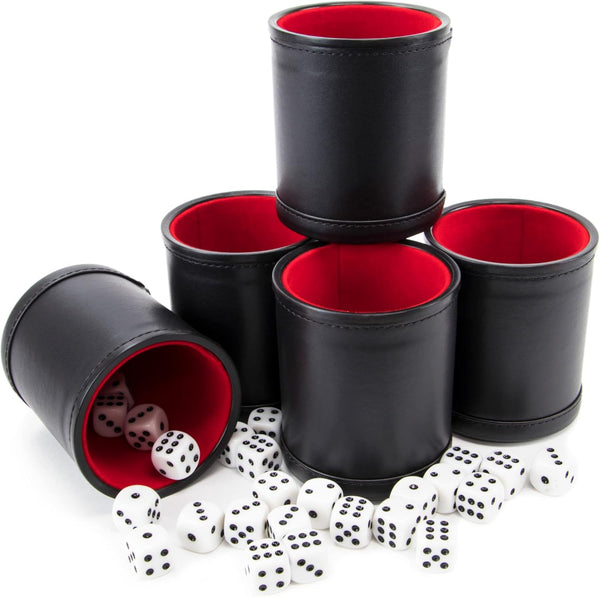 Dice Set with Dice Shaker Cup - Perfect for Casino Dice Game for Family Leather - Poker Dice Shaker - 5 Red Lined Dice Cups and 25 Dice Sets