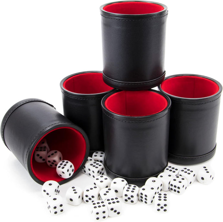 Dice Set with Dice Shaker Cup - Perfect for Casino Dice Game for Family Leather - Poker Dice Shaker - 5 Red Lined Dice Cups and 25 Dice Sets