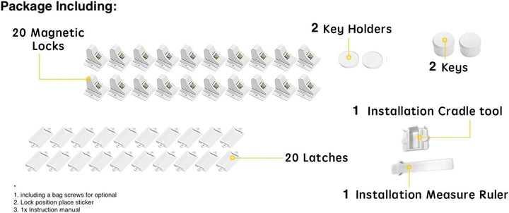 20 Pack Magnetic Cabinet Locks Baby Proofing -  Children Proof Cupboard Drawers Latches - Adhesive Easy Installation