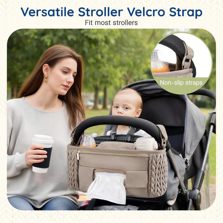 Stroller Organizer with Insulated Cup Holders, Adjustable Stroller Caddy with Detachable Phone Bag, Stroller Accessories Fits for Uppababy, Doona, Jogger, Britax, Mompush, Bob
