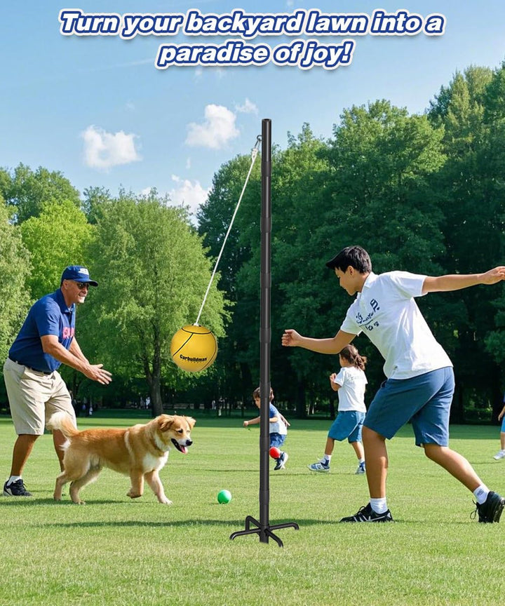 Tetherball Set with Ball & Rope for Outdoor Backyard, Adjustable Tether Ball Pole with 5-Prong Base & Rubber Sleeve for Playground, outside Ball Games Sports for Kids, Adults