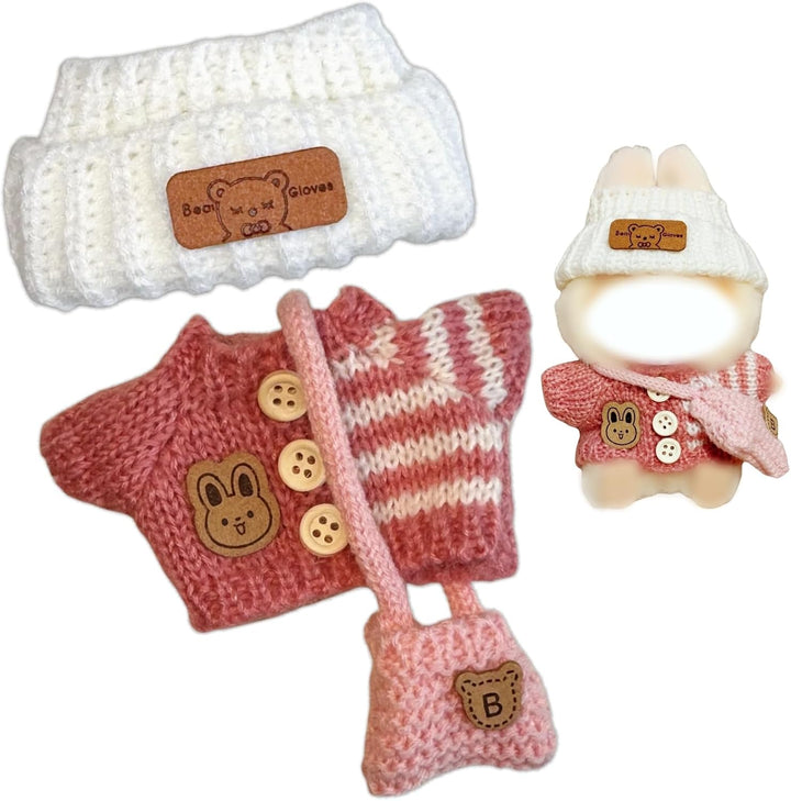 3-Piece Handcrafted Crochet Doll Clothes - Compatible with Labubu 5.91-6.7Inch (15-17Cm) Dolls as Accessories, Premium Dolls Outfit with Accessories, Hand Crocheted Hat, Sweaters, Bag (Maillard Brown)