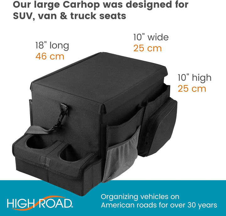 Large Carhop Car Seat Organizer for the Front or Back Seat for Kids and Adults with Cup Holder Tray, Side Pockets and Cooler Compartment