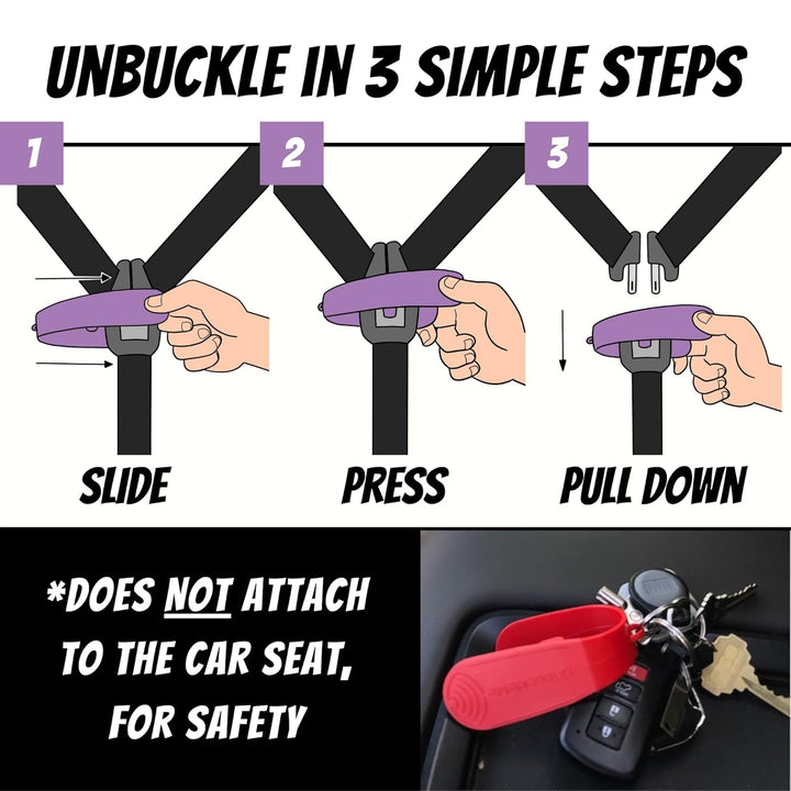 Car Seat Buckle Release Tool (As Seen on Shark Tank) - Easy Opener Aid for Arthritis, Long Nails, Older Kids - Button Pusher for Infant, Toddler Car Seats (2 Pack, Pink & Purple)