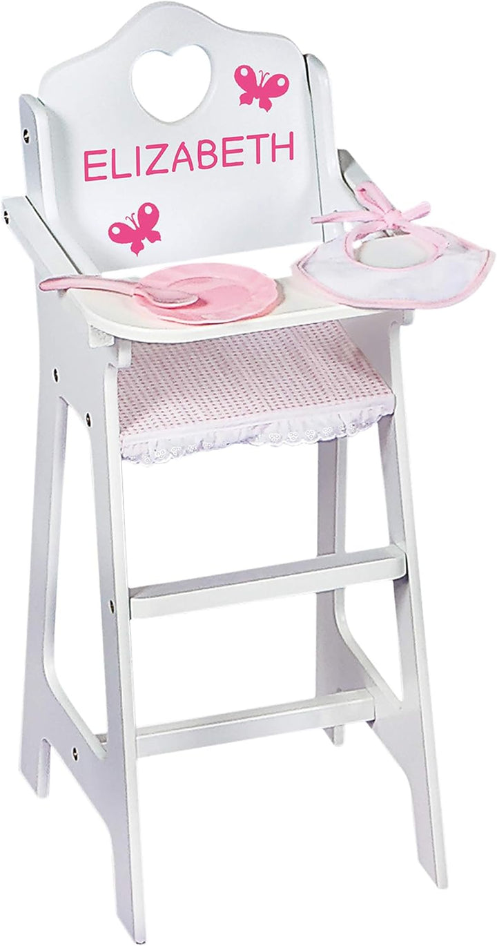 Wooden Baby Doll High Chair - Fits 18" Dolls - Includes Tray, Bib & Free Personalization Kit - Best for Toddler Girls for Pretend Play - White with Pink Gingham Seat