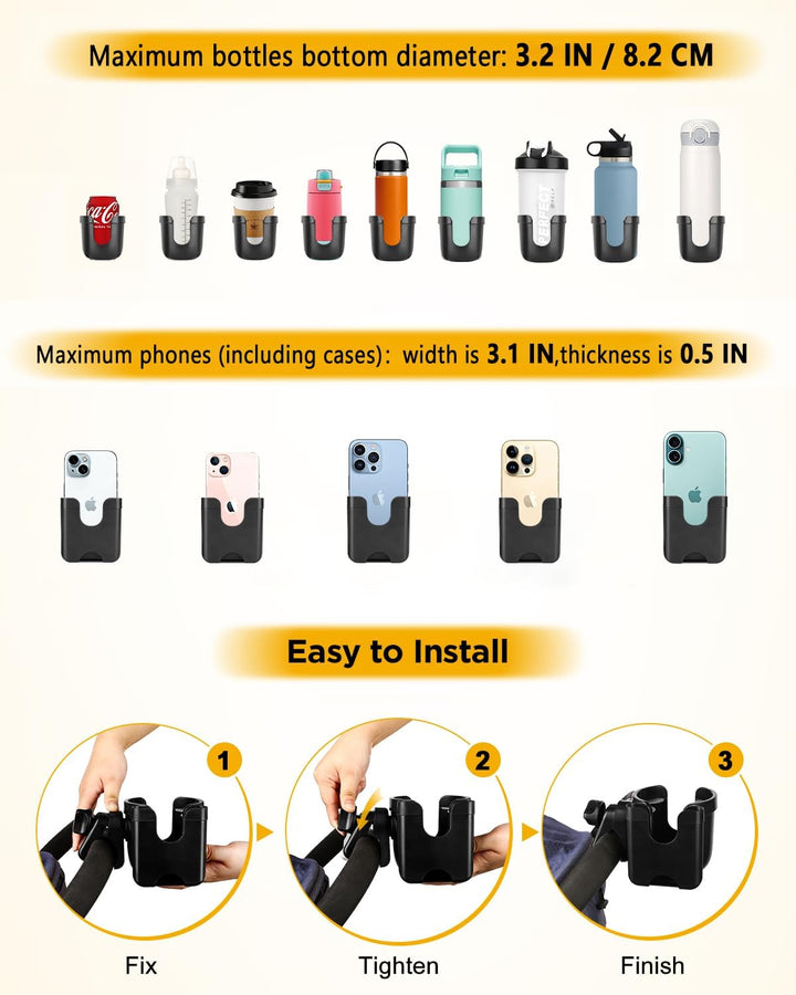 Universal Stroller Cup Holder with Mobile Phone Case, 2-In-1 Strollers Storage Rack, 360 Degrees Rotation Drink Holder for Bike, Pushchair, Wheelchair, Walker,Bicycle, Fits Most Cups