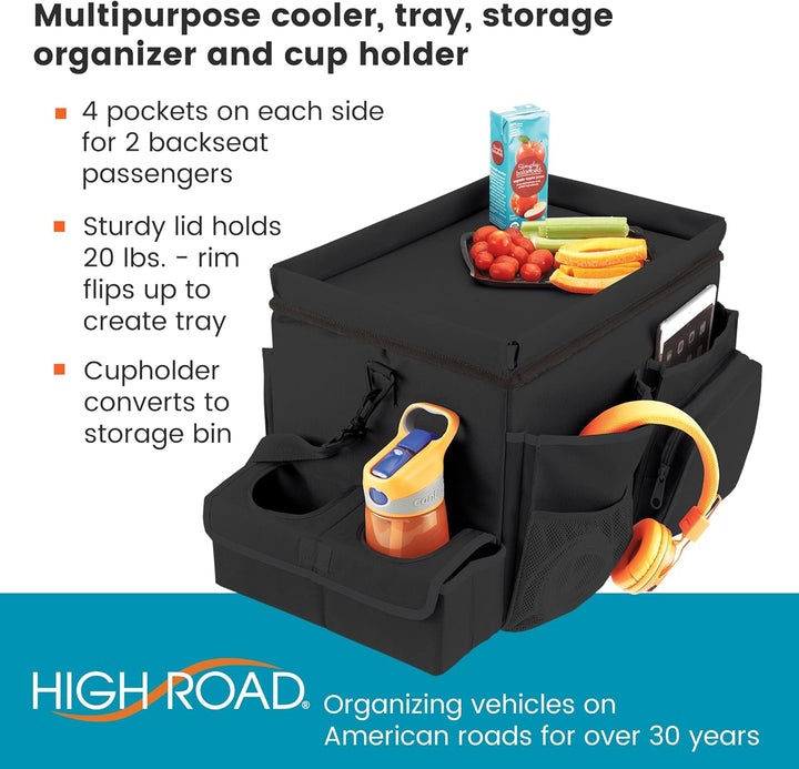 Large Carhop Car Seat Organizer for the Front or Back Seat for Kids and Adults with Cup Holder Tray, Side Pockets and Cooler Compartment