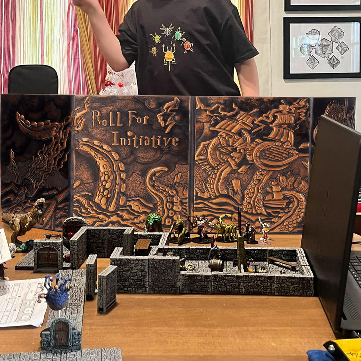 DND Dungeon Master Screen Four-Panel with Pockets, Faux Leather 3D Embossed with Cthulhu - Included DM Screen Inserts and Storage Case