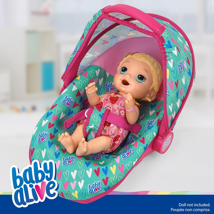 : Deluxe Doll Car Seat - Green, Pink, Hearts - Accessory for Dolls up to 18", Portable, Transform to Lounge Seat, Canopy, Kids Toy Ages 3+