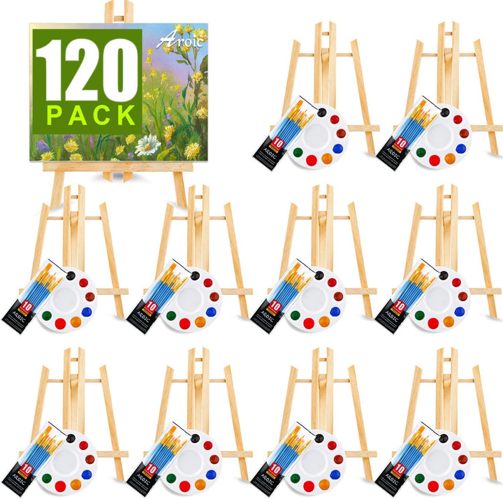 144 PCS Professional Painting Set, 12 PCS Wood Easels,12 Packs of 120 Brushes with Nylon Brush Head and 12 PCS Palettes, Painting Supplies Kit for Kids & Adults Party.