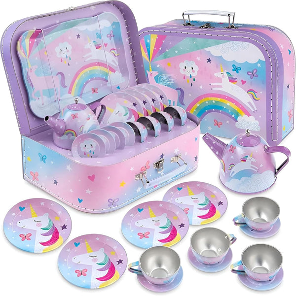 Tea Party Set - 15-Piece Toddler Tea Set with Unicorn Design for Kids - Includes Teapot, Cups, Saucers, Plates and Carrying Case for Imaginative Play and Storage