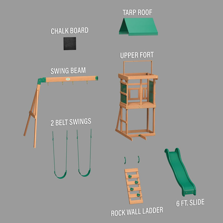 Buckley Hill Cedar Wood Swing Set with Wave Slide, Play Deck, Rock Wall Ladder, Belt Swings, Chalkboard, Canopy Roof, Outdoor Playset