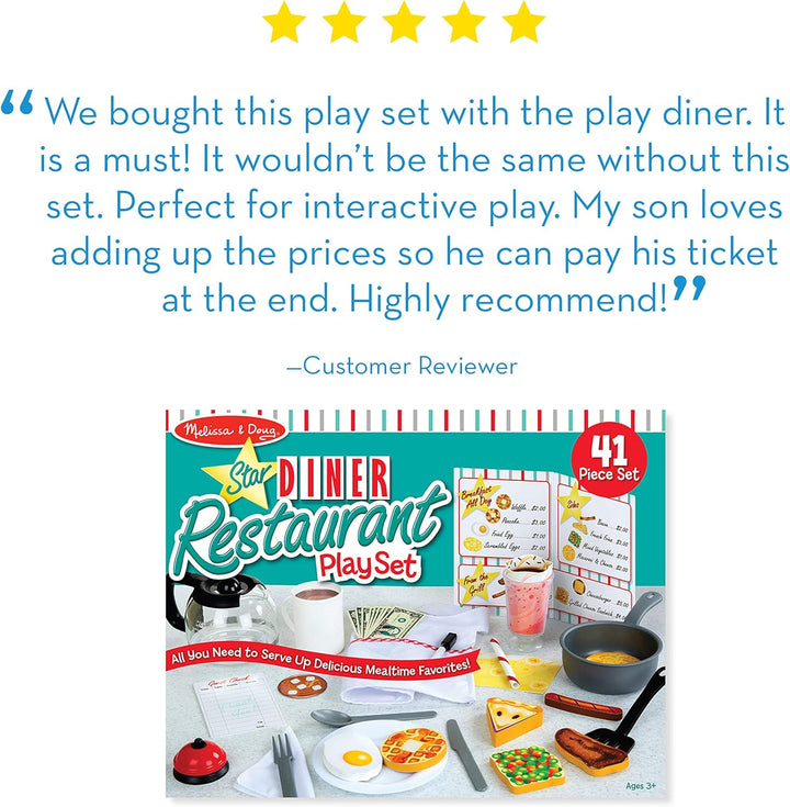 Star Diner Restaurant Play Set (41 Pcs) - Pretend Play Food, Restaurant Toy Set with Cookware, Utensils for Kids, Diner Playset for Kids and Toddlers, Ages 3+