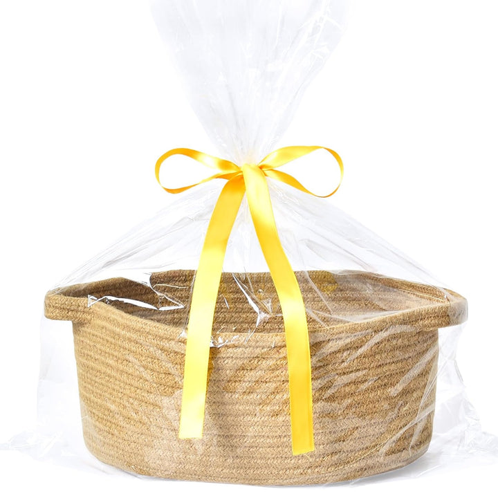 Small Basket with Gift Bags and Ribbons, Empty Gift Baskets, Decorative Boho Rope Woven Nursery Storage Organizer Toy Baskets with Handle for Baby Showers, 12"X 8" X 5"