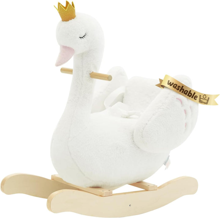 Kids Rocking Horse White Swan, Stuffed Animal Wooden Rocker for Children 6 Months Boys and Girls/Nursery Christmas, Birthday Gift (Rocking Swan)