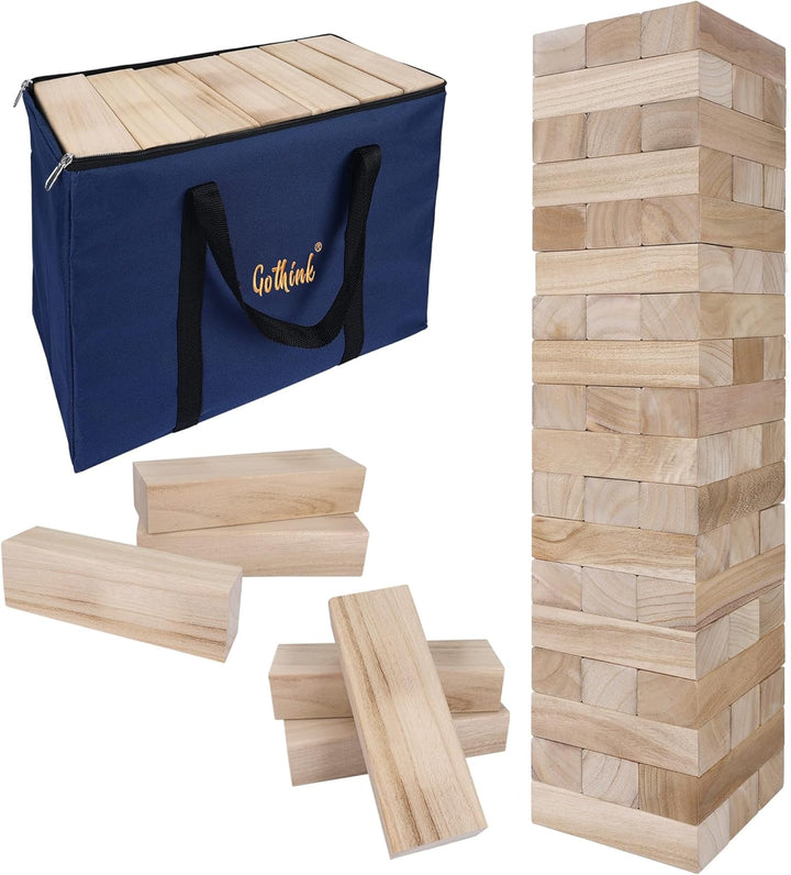 Giant Tumble Tower Game, Large Tumbling Tower Stacking to over 4 FT 54Pcs Wooden Jumbo Blocks for outside Yard Games with Carry Case Timber Stacking Game Night Toy Gift for Kids Adults Family