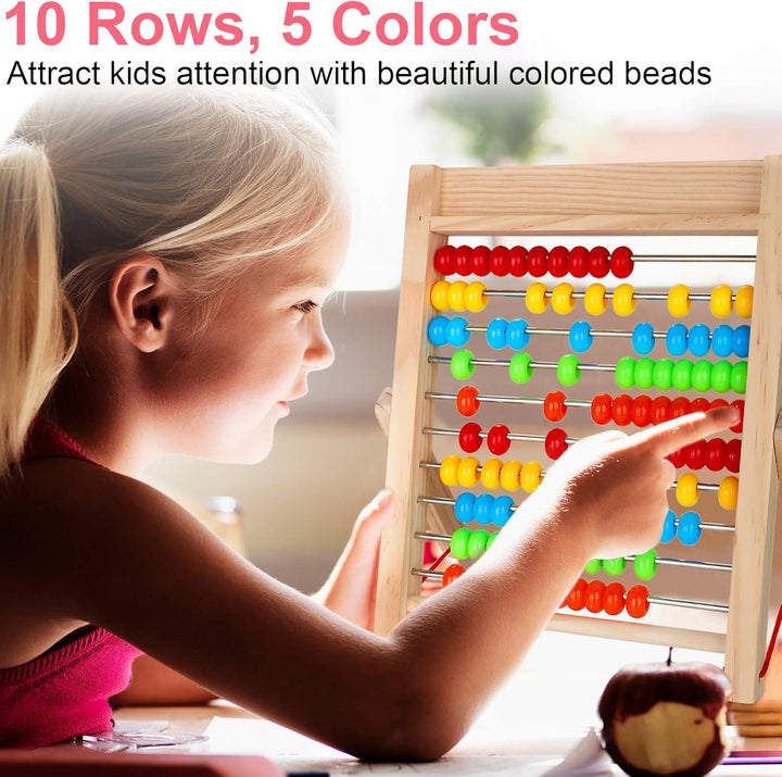 Preschool Math Learning Toy,10-Row Wooden Frame Abacus with Multi-Color Beads, Counting Sticks, Number Alphabet Cards, Gift for 2 3 4 5 6 Years Old Toddlers Boys Girls