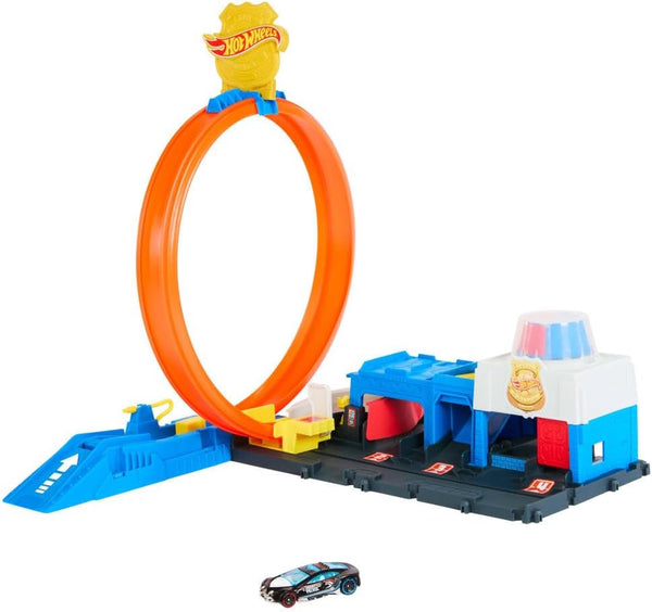 Toy Car Track Set, Super Police Station Playset with 1:64 Scale Die-Cast Vehicle, Adjustable Loop for Multiple Ways to Race & Stunt