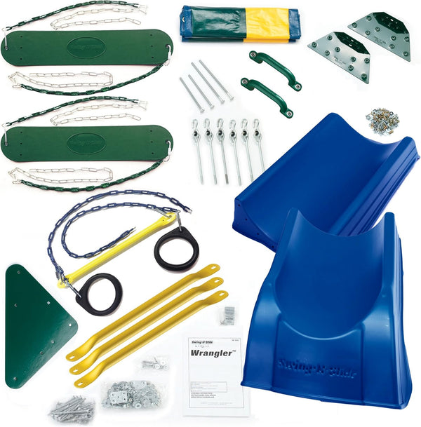 NE 4476 Wrangler Deluxe Play Set Hardware Kit with Slide (Wood Not Included), Blue Slide Yellow