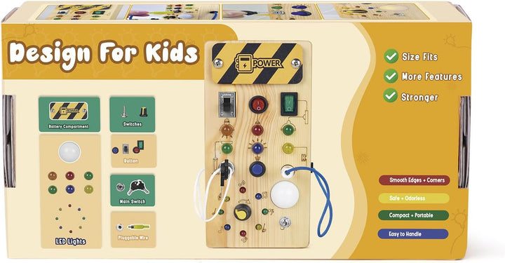 Montessori Wooden Busy Board with 8 LED Light Switches, Sensory Toys Light Switch Travel Toys for 1+ Year Old Baby and Toddler