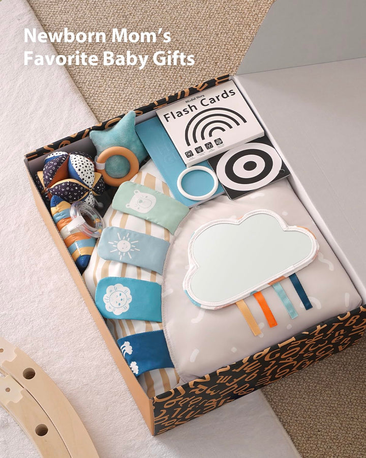 Baby Play Gym & Activity Mat, 5 Developmental Zones Wooden Tummy Time Mat with 5 Detachable Sensory Toys for Motor Skills & Sensory Development, Baby Essentials Shower Gift