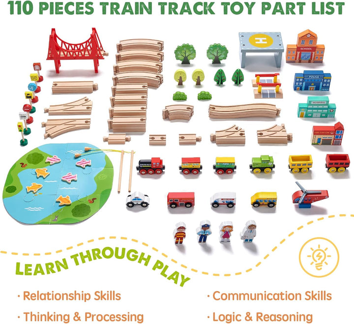 110PCS Wooden Train Set – Toy Train with Tracks for Kids Ages 3-7, Compatible with Major Brands, Ideal Railway Playset for Boys and Girls, Great Birthday